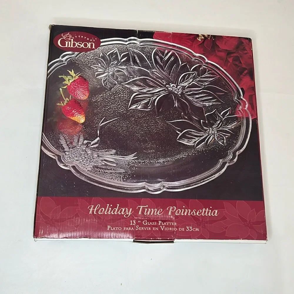 Gibson Holiday Time Poinsettia 13 In Clear Raised Glass Platter Christmas